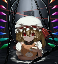 Rule 34 | 1girl, bad id, bad pixiv id, blonde hair, chain, crystal, dated, flandre scarlet, hat, hat ribbon, highres, looking at viewer, mob cap, portrait, puffy sleeves, red eyes, ribbon, short hair, short sleeves, side ponytail, signature, slit pupils, solo, stuffed animal, stuffed toy, teddy bear, touhou, wings, yi (sad55566777)