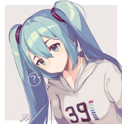 Rule 34 | 1girl, 39, ?, aqua eyes, aqua hair, artist name, blush, breasts, closed mouth, color guide, commentary, dutch angle, expressionless, grey background, grey hoodie, hair ornament, hairband, half-closed eyes, hatsune miku, highres, hood, hoodie, light blush, long hair, peachy michi, simple background, small breasts, solo, speech bubble, spoken question mark, twintails, upper body, very long hair, vocaloid