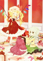 Rule 34 | 2girls, bad id, bad pixiv id, blonde hair, bow, brooch, checkered floor, closed eyes, dress, fang, female focus, flandre scarlet, floor, frilled skirt, frills, gathers, green eyes, green hair, green skirt, hat, jewelry, kaori (sasaemon), komeiji koishi, long hair, multiple girls, necklace, no headwear, open mouth, pearl necklace, shoes, short hair, side ponytail, skirt, striped clothes, striped skirt, touhou, wings, wrist cuffs