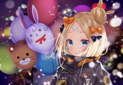 Rule 34 | 1girl, abigail williams (fate), abigail williams (traveling outfit) (fate), balloon, bandaid, black bow, black jacket, blonde hair, blue eyes, blush, bow, breath, commentary request, fate/grand order, fate (series), hair bow, hair bun, heroic spirit traveling outfit, jacket, lens flare, looking at viewer, natsuki (ukiwakudasai), official alternate costume, orange bow, parted lips, single hair bun, solo, upper body