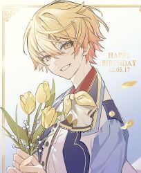 Rule 34 | 1boy, blonde hair, bouquet, flower, happy birthday, highres, holding, holding bouquet, long sleeves, looking at viewer, male focus, nes 402, petals, project sekai, short hair, smile, tenma tsukasa, tulip, yellow eyes, yellow flower
