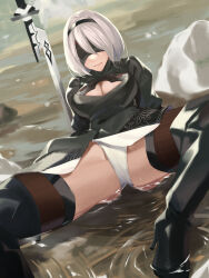 Rule 34 | 1girl, 2b (nier:automata), black hairband, blindfold, breasts, cleavage, cleavage cutout, clothing cutout, hairband, highres, kabocha (monkey4), katana, large breasts, leotard, long sleeves, mole, mole under mouth, nier:automata, nier (series), short hair, solo, spread legs, sword, thighhighs, thighs, water, weapon, white leotard