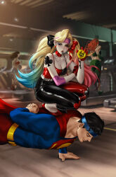 Rule 34 | 1boy, 3girls, arm behind back, black hair, black pants, black shirt, blonde hair, blue hair, blue headband, breasts, cape, choker, cleavage, closed eyes, dc comics, elbow pads, exercise, green pants, gym, harley quinn, headband, highres, indoors, leirix, long hair, medium breasts, multicolored hair, multiple girls, one eye closed, orange hair, pants, pink headband, poison ivy, push-ups, red cape, red choker, red footwear, red hair, red pants, red shirt, shirt, shoes, short hair, shoulder tattoo, squatting, standing on person, stopwatch, superman, tattoo, treadmill, twintails, two-tone pants, two-tone shirt, watch, whistle, whistling, wonder woman