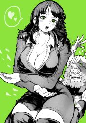 Rule 34 | 1girl, absurdres, black dress, blush, breasts, character doll, cleavage, collared shirt, commentary, crossed arms, disembodied hand, dress, extra arms, feet out of frame, green background, green eyes, greyscale with colored background, hana hana no mi, heart, highres, jaguar d. saul, large breasts, looking at viewer, medium hair, nico robin, one piece, open mouth, parted bangs, seiza, shirt, short dress, simple background, sitting, solo, spoken heart, spot color, thighhighs, wing collar, yotsumi shiro, zettai ryouiki