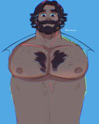 Rule 34 | 1boy, bara, bare pectorals, beard, blending, blue background, body fur, chest tuft, dark-skinned male, dark skin, facial hair, full beard, highres, huge pectorals, looking at viewer, male focus, mature male, muscular, muscular male, nipples, open clothes, open shirt, original, pectorals, short hair, smile, solo, sparse chest hair, starmelode (skitchwill), tareme, thick beard, thick mustache, thick neck
