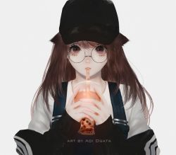 Rule 34 | 1girl, aoi ogata, artist name, baseball cap, black hat, black jacket, brown hair, bubble tea, commentary, commission, cup, disposable cup, drinking straw, fingernails, glasses, grey background, hair between eyes, hat, highres, holding, holding cup, jacket, long hair, long sleeves, looking at viewer, off shoulder, original, overalls, parted lips, red eyes, round eyewear, shirt, simple background, sleeves past wrists, solo, upper body, white shirt