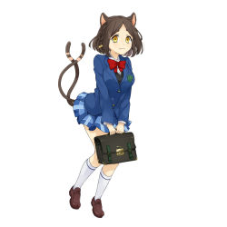 Rule 34 | 1girl, :3, animal ears, blazer, braid, briefcase, brown hair, carrying, cat ears, cat tail, full body, highres, jacket, loafers, long sleeves, multiple tails, nekomata (youkai hyakki-tan!), official art, pleated skirt, shoes, short hair, simple background, skirt, solo, tail, v arms, white background, yellow eyes, youkai hyakki-tan!