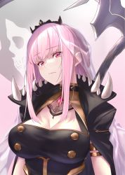 Rule 34 | 1girl, breasts, cape, cleavage, death (entity), grim reaper, highres, hololive, hololive english, izupix, large breasts, long hair, mori calliope, mori calliope (1st costume), pink eyes, pink hair, scythe, shoulder spikes, spikes, tiara, veil, virtual youtuber, weapon, weapon on back
