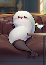 Rule 34 | animal focus, black pantyhose, blurry, blurry background, blush, cocktail, cocktail glass, couch, cup, drinking glass, fish, full body, hane (15188414), highres, indoors, looking at viewer, no humans, open mouth, original, pantyhose, sacabambaspis, sitting, steam, sweat, table, triangle mouth