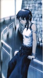 Rule 34 | 1990s (style), 1girl, abe yoshitoshi, absurdres, artbook, bare shoulders, belt, blue theme, bracelet, brown eyes, brown hair, hair ornament, hairclip, highres, iwakura lain, jewelry, long skirt, looking down, monochrome, muted color, official art, railing, rain, road, scan, serial experiments lain, short hair, skirt, solo, strap slip, wall