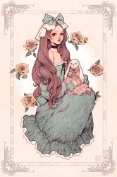 Rule 34 | 1girl, animal, bare shoulders, blush, bow, breasts, brown eyes, brown hair, rabbit, choker, cleavage, clothed animal, collarbone, detached sleeves, dress, flower, full body, green bow, green dress, hair bow, highres, jasmin darnell, lips, long hair, long sleeves, looking at viewer, medium breasts, original, pink dress, puffy sleeves, sitting, solo