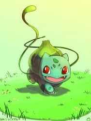 Rule 34 | animal focus, bright pupils, bulbasaur, claws, creatures (company), fangs, game freak, gen 1 pokemon, gradient background, grass, highres, nintendo, no humans, nostrils, on grass, open mouth, plant, pokedex number, pokemon, pokemon (creature), red eyes, ryuu no nukegara, translated, vines, walking, white pupils