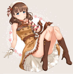 Rule 34 | 1girl, absurdres, arm ribbon, blue eyes, blush, boots, bow, breasts, brown bow, brown footwear, brown hair, brown jacket, brown ribbon, brown socks, brown trim, closed mouth, convenient censoring, dot nose, dress bow, floral background, gloves, hand up, hat, heart, heart necklace, highres, idolmaster, idolmaster cinderella girls, idolmaster cinderella girls starlight stage, jacket, jewelry, knee boots, knees together feet apart, knees up, looking at viewer, lying, medium breasts, nail polish, necklace, on back, pink nails, pink ribbon, pinky out, plaid, plaid jacket, pleated skirt, ribbon, sakuma mayu, short hair, shy, single glove, sirurabbit, skirt, sleeveless, sleeveless jacket, smile, socks, solo, striped, striped bow, white background, white gloves, white hat, white skirt