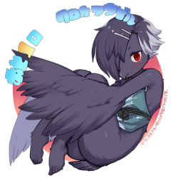 Rule 34 | 1girl, barefoot, bird, black feathers, black hair, blush, crow, feathers, full body, furry, furry female, hair ornament, hair over one eye, hairclip, kishibe, multicolored hair, one eye covered, original, red eyes, short hair, solo, translation request, white background, wings