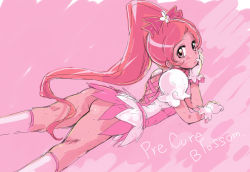 Rule 34 | 10s, 1girl, ass, boots, bottomless, cure blossom, demag, hanasaki tsubomi, heartcatch precure!, knee boots, magical girl, no panties, pink background, pink eyes, pink hair, pink theme, ponytail, precure, solo, sweat