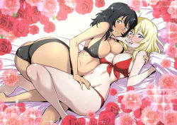 Rule 34 | 2girls, andou (girls und panzer), ass, bikini, black bikini, black hair, blonde hair, blue eyes, blush, breasts, brown eyes, butt crack, cleavage, closed mouth, covered mouth, flower, girls und panzer, groin, hand on another&#039;s thigh, hug, interrupted, large breasts, looking at viewer, looking to the side, medium hair, multiple girls, nakahira guy, navel, oshida (girls und panzer), red bikini, rose, short hair, sweat, swimsuit, yuri