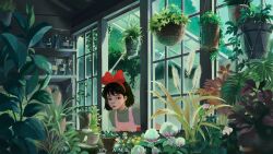 Rule 34 | 1girl, absurdres, anbean, apron, artist name, black hair, bow, cattail, commentary, english commentary, flower, glass bottle, greenhouse, hanging plant, highres, indoors, jar, kiki (majo no takkyuubin), leaf, leaning forward, looking at plant, looking inside, looking through window, majo no takkyuubin, mason jar, medium hair, open mouth, outdoors, pink apron, pink flower, plant, potted plant, red bow, scene reference, sky, studio ghibli, white flower