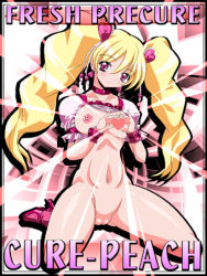 Rule 34 | 1girl, blonde hair, blush, breasts, cleft of venus, clothes lift, collarbone, cure peach, fresh precure!, functionally nude, hair ornament, hassaku (rapidangel), heart, heart hair ornament, heart hands, high heels, large breasts, long hair, looking at viewer, lowres, momozono love, navel, nipples, pink background, pink eyes, pink footwear, pink shirt, precure, puffy sleeves, pussy, shirt, shirt lift, short sleeves, sitting, smile, twintails