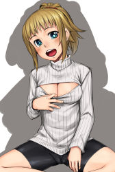 Rule 34 | 10s, 1girl, bike shorts, blue eyes, blush, breasts, brown hair, cleavage, cleavage cutout, clothing cutout, gundam, gundam build fighters, gundam build fighters try, h kasei, hoshino fumina, long hair, looking at viewer, medium breasts, meme attire, open-chest sweater, open mouth, ponytail, ribbed sweater, scrunchie, sitting, smile, solo, sweater, turtleneck