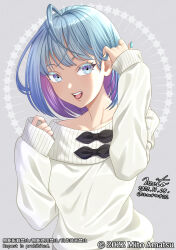 Rule 34 | 1girl, 2022, ahoge, artist name, blue eyes, blue nails, colored eyelashes, colored inner hair, commentary request, copyright notice, dated, eyebrows hidden by hair, highres, medium hair, mito amatsu, multicolored hair, off-shoulder sweater, off shoulder, open mouth, original, purple hair, signature, sleeves past wrists, smile, solo, sweater, twitter username, two-tone hair, upper body