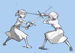 Rule 34 | 2girls, ;), absurdres, arm up, belt, blue background, closed mouth, commentary, dress, erica (naze1940), gloves, hair between eyes, highres, holding, holding sword, holding weapon, kneehighs, looking at another, mary janes, motion lines, multiple girls, one eye closed, original, ponytail, puffy short sleeves, puffy sleeves, shoes, short hair, short sleeves, sidelocks, simple background, smile, socks, standing, sword, two-handed, weapon
