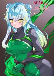 Rule 34 | 1girl, :o, beam (vtuber), blonde hair, blue hair, blush, bodysuit, breasts, brown background, colored tips, commentary, cosplay, double bun, english commentary, gloves, green bodysuit, green gloves, hair bun, indie virtual youtuber, long hair, medium breasts, multicolored hair, open mouth, solo, valorant, viper (valorant), viper (valorant) (cosplay), virtual youtuber, yayoi asuka, yellow eyes