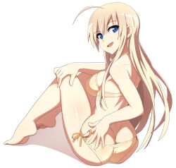 Rule 34 | 1girl, ahoge, ass, bikini, blonde hair, blue eyes, blush, breasts, butt crack, full body, hanna-justina marseille, large breasts, long hair, looking at viewer, nanashino, open mouth, side-tie bikini bottom, simple background, sitting, smile, solo, strike witches, swimsuit, white background, world witches series, yellow bikini