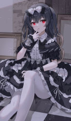 Rule 34 | 1girl, black dress, black hair, blush, checkered floor, commentary request, dress, feet out of frame, frilled dress, frills, gothic lolita, hair between eyes, hand to own mouth, hand up, highres, idolmaster, idolmaster shiny colors, lolita fashion, long hair, looking at viewer, morino rinze, pantyhose, red eyes, serika, short sleeves, sitting, solo, white pantyhose, wrist cuffs