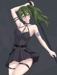 Rule 34 | 1girl, absurdres, arm up, arms behind back, bare shoulders, black choker, black skirt, breasts, choker, cleavage, dress, food, fruit, green hair, highres, holding, holding polearm, holding weapon, large breasts, legs, long hair, looking at viewer, o-ring, o-ring choker, pear, pleated skirt, polearm, purple eyes, shaizur, side ponytail, skirt, smile, solo, sousou no frieren, thick thighs, thighhighs, thighs, ubel (sousou no frieren), weapon