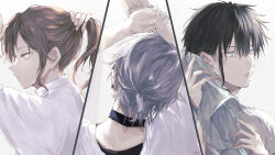 Rule 34 | 1girl, 2boys, alternate hairstyle, black hair, blue eyes, brown hair, choker, closed mouth, ear piercing, ehre (sousou no frieren), expressionless, facing away, grey hair, hair down, hair up, half updo, head tilt, highres, holding, holding towel, looking ahead, multiple boys, piercing, ponytail, portrait, profile, scharf (sousou no frieren), shirt, sideburns, sidelocks, simple background, sousou no frieren, split screen, towel, upper body, white background, white shirt, wirbel (sousou no frieren), yamabiko (niko 5274), yellow eyes