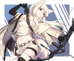 Rule 34 | animal ears, arknights, arm up, arrow (projectile), belt, belt buckle, black footwear, black gloves, blue background, boots, border, bow (weapon), buckle, closed mouth, clothes writing, dated, elbow gloves, gloves, highres, holding, holding bow (weapon), holding weapon, horse ears, horse girl, horse tail, long hair, long sleeves, midriff, navel, outside border, platinum (arknights), revealing clothes, ryota tentei, short shorts, shorts, tail, thigh boots, thighhighs, twitter username, two-tone background, v-shaped eyebrows, weapon, white background, white border, white hair, white shorts, wide sleeves, yellow eyes