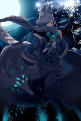 Rule 34 | 1girl, animal ears, blue theme, closed mouth, facial mark, folding fan, fox, fox ears, full moon, hair over one eye, hand fan, highres, holding, holding fan, long sleeves, looking at viewer, moon, night, night sky, one eye covered, original, outdoors, red eyes, scarf, sky, smile, solo, standing, star (symbol), starry background, whisker markings, whitebear