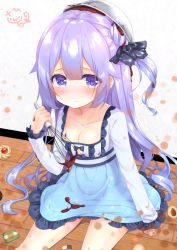 Rule 34 | 1girl, alternate costume, azur lane, blue dress, blush, bow, bowl, breasts, center frills, checkerboard cookie, chocolate, cleavage, cleavage cutout, closed mouth, clothing cutout, collarbone, commentary request, cookie, dress, dress bow, failure, food, frills, hair between eyes, hair bun, heart, heart-shaped pupils, holding, indoors, long hair, long sleeves, looking at viewer, medium breasts, mixing bowl, nose blush, one side up, purple eyes, purple hair, sawa (sawasaku), side bun, signature, single hair bun, single side bun, sitting, solo, symbol-shaped pupils, tears, thumbprint cookie, unicorn (azur lane), valentine, very long hair, whisk, wooden floor