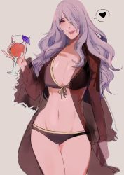 Rule 34 | 1girl, artist request, bikini, black bikini, breasts, camilla (fire emblem), cleavage, coat, cocktail, cocktail glass, cocktail umbrella, cup, doodle, drink, drinking glass, fire emblem, fire emblem fates, glass, hair over one eye, heart, intelligent systems, large breasts, long hair, navel, nintendo, open mouth, purple eyes, purple hair, see-through, smile, solo, swimsuit, very long hair