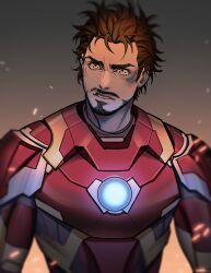 Rule 34 | 1boy, arc reactor, armor, brown eyes, brown hair, commentary, english commentary, facial hair, full armor, ginmu, gradient background, grey armor, grey background, iron man, iron man (series), looking to the side, male focus, marvel, multicolored armor, orange background, power armor, red armor, short hair, simple background, solo, standing, superhero costume, tearing up, teeth, tony stark, v-shaped eyebrows, yellow armor