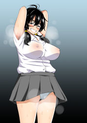 Rule 34 | 1girl, armpit hair, armpits, arms behind head, arms up, black eyes, black hair, blue background, blush, breasts, collared shirt, drain (drain0214), glasses, gradient background, grey background, grey skirt, grin, hair between eyes, jimiko, large breasts, looking at viewer, low twintails, nipples, original, panties, pantyshot, pleated skirt, plump, school uniform, see-through, shirt, shirt tucked in, skirt, smile, solo, sweat, twintails, underwear, wet, wet clothes, wet shirt, white shirt