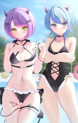 Rule 34 | 2girls, :3, bikini, blue eyes, blue hair, blush, breasts, choker, clothing cutout, cross-laced clothes, cross-laced cutout, crossed arms, demon girl, demon horns, demon tail, earrings, fang, fang out, gluteal fold, green eyes, hair ornament, hairclip, highres, hololive, horns, hoshimachi suisei, jewelry, kurusu rei, leg tattoo, long hair, looking at viewer, multicolored hair, multiple girls, nail polish, navel, navel piercing, necklace, one-piece swimsuit, outdoors, piercing, pink hair, pool, poolside, purple hair, short hair, small breasts, smile, stomach cutout, swimsuit, tail, tattoo, thigh gap, thigh strap, tokoyami towa, virtual youtuber, winged heart tattoo