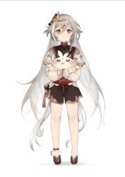Rule 34 | 1girl, aged down, animal, ankleband, bird, black nails, brown footwear, chicken, chinese clothes, fu hua, fu hua (herrscher of sentience), full body, grey hair, hair between eyes, hair ornament, highres, holding, holding animal, honkai (series), honkai impact 3rd, lizi (st3648), long hair, long sleeves, looking at viewer, multicolored hair, nail polish, pout, red eyes, shoes, short sleeves, simple background, solo, standing, streaked hair, v-shaped eyebrows, white background