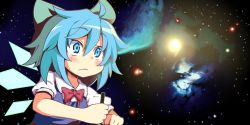 Rule 34 | 1girl, blue eyes, blue hair, bow, cirno, dorowa no hito, hair bow, highres, ice, ice wings, matching hair/eyes, parody, pen, solo, space, star (sky), touhou, universe, wings