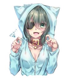 Rule 34 | 1girl, alternate costume, animal hood, bad id, bad pixiv id, bell, blush, breasts, cat hood, cleavage, collar, eyepatch, green eyes, green hair, hair between eyes, hair ornament, hood, kantai collection, kiso (kancolle), open mouth, short hair, simple background, solo, white background, yuihira asu
