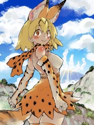 Rule 34 | 10s, 1girl, animal ears, bow, bowtie, cliff, cross-laced clothes, day, elbow gloves, gloves, high-waist skirt, highres, kemono friends, serval (kemono friends), serval print, serval tail, shigurio, shirt, skirt, sky, sleeveless, sleeveless shirt, solo, tail
