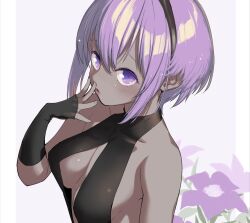 Rule 34 | 1girl, black dress, blush, breasts, commentary request, commission, dark-skinned female, dark skin, detached sleeves, dress, fate/prototype, fate/prototype: fragments of blue and silver, fate (series), flower, hassan of serenity (fate), looking at viewer, medium breasts, mozu (peth), purple eyes, purple flower, purple hair, revealing clothes, short hair, skeb commission, solo, upper body