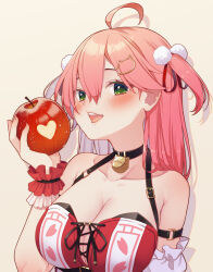 Rule 34 | 1girl, ahoge, apple, arm strap, armpit crease, bare shoulders, bell, black choker, blush, breasts, brown background, cat hair ornament, choker, cleavage, collarbone, food, frilled wristband, fruit, hair between eyes, hair ornament, hair ribbon, hairclip, heart, highres, holding, holding food, holding fruit, hololive, large breasts, looking at viewer, magowasabi, medium hair, neck bell, open mouth, pink hair, pom pom (clothes), red ribbon, red wristband, ribbon, sakura miko, sakura miko (work), simple background, solo, teeth, two side up, virtual youtuber, white wristband, wristband