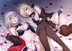 Rule 34 | 2girls, apron, artoria pendragon (all), artoria pendragon (alter swimsuit rider) (fate), artoria pendragon (alter swimsuit rider) (second ascension) (fate), artoria pendragon (fate), bare shoulders, bed sheet, bikini, bikini top only, black bow, black jacket, black neckwear, blonde hair, blue skirt, blush, bow, breasts, bridal garter, brown legwear, collarbone, embarrassed, fate/grand order, fate (series), frilled bikini, frilled bikini top, frills, hair between eyes, hand on own chest, jacket, jeanne d&#039;arc (fate), jeanne d&#039;arc alter (avenger) (fate), jeanne d&#039;arc alter (fate), light particles, long hair, long sleeves, looking at viewer, lying, maid, maid bikini, maid headdress, medium breasts, miniskirt, multiple girls, navel, nonono (nononotea), nose blush, off shoulder, on back, on side, open clothes, open jacket, petals, saber alter, short hair, silver hair, skirt, sleeves past wrists, small breasts, stomach, swimsuit, thighhighs, unconventional maid, v-shaped eyebrows, very long hair, waist apron, white apron, yellow eyes