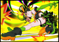 Rule 34 | 1girl, amy-chan, amy channel, ankle boots, asymmetrical legwear, bare shoulders, black border, black footwear, black hair, blonde hair, blurry, boots, border, bow, bracelet, breasts, chromatic aberration, elbow gloves, from behind, full body, gloves, green gloves, green socks, grin, hair bow, hair bun, hair ornament, hairclip, highres, jewelry, kneepits, layered skirt, legs, looking at viewer, looking back, medium breasts, midriff, miniskirt, mismatched legwear, multicolored hair, official art, on one knee, orange hair, orange socks, polka dot, polka dot bow, red bow, screentones, side bun, signature, single glove, single side bun, single sock, single thighhigh, skirt, smile, socks, solo, streaked hair, tattoo, thigh strap, thighhighs, uneven legwear, virtual youtuber, w, w over eye, yellow background, yellow eyes, yoneyama mai