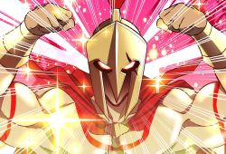 Rule 34 | 1boy, cape, double v, emotional engine - full drive, fate/grand order, fate (series), flexing, helmet, large pectorals, leonidas (fate), looking at viewer, male focus, muscular, parody, pectorals, simple background, solo, sparkle, tattoo, v, yakuoyoso