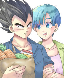 Rule 34 | 1boy, 1girl, bag, bead necklace, beads, black eyes, black hair, blue eyes, blue hair, bulma, cabbage, carrot, dragon ball, dragon ball super, earrings, frown, grocery bag, husband and wife, jewelry, necklace, open mouth, paper bag, pesogin, shopping bag, short hair, smile, stud earrings, vegeta, widow&#039;s peak
