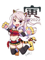 Rule 34 | 1girl, 2022, :d, animal ears, animal hands, black skirt, black sleeves, black thighhighs, blue eyes, blush, breasts, chinese zodiac, cleavage, commentary request, crop top, detached sleeves, full body, fur-trimmed gloves, fur trim, gloves, grey hair, hair bun, hair ornament, hairclip, highres, kemonomimi mode, langbazi, long hair, long sleeves, looking at viewer, love live!, love live! nijigasaki high school idol club, medium breasts, mole, mole under eye, navel, one side up, open mouth, paw gloves, paw shoes, side bun, signature, single hair bun, single side bun, skirt, smile, solo, tail, teeth, thighhighs, tiger ears, tiger girl, tiger tail, upper teeth only, v-shaped eyebrows, very long hair, white background, year of the tiger, yellow footwear, yellow gloves, zhong lanzhu
