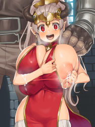 Rule 34 | 10s, 1boy, 1girl, aliza (granblue fantasy), alternate breast size, bare shoulders, blush, breasts, cheating (relationship), china dress, chinese clothes, cleavage cutout, clothing cutout, draph, dress, earrings, gigantic breasts, granblue fantasy, hair slicked back, hand on another&#039;s shoulder, heart, heart-shaped pupils, hetero, horns, jewelry, lactation, lactation through clothes, long hair, looking at viewer, milk, netorare, nipples, obui, one breast out, open mouth, pointy ears, ponytail, puffy nipples, red dress, red eyes, silver hair, solo focus, symbol-shaped pupils, thighhighs, white thighhighs