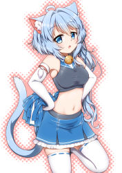Rule 34 | 1girl, :o, ahoge, animal ears, armpits, asashio (azur lane), azur lane, bare shoulders, black shirt, blue eyes, blue hair, breasts, cat ears, cat girl, cat tail, cheerleader, commentary request, cowboy shot, elbow gloves, gloves, hair between eyes, hair intakes, hands on own hips, hestia (neko itachi), holding, holding pom poms, long hair, looking at viewer, medium breasts, midriff, navel, neck bell, outline, pleated skirt, pom pom (cheerleading), pom poms, ribbon, ribbon-trimmed legwear, ribbon trim, shirt, sidelocks, skirt, sleeveless, sleeveless shirt, solo, standing, standing on one leg, tail, taut clothes, taut shirt, thighhighs, white background, white gloves, white thighhighs, zettai ryouiki